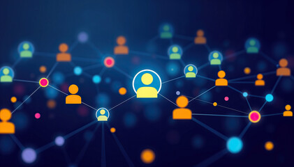 Poster - glowing network connections with user icons on dark blue background social media digital communication