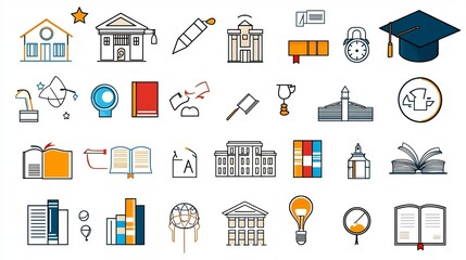 Poster - Comprehensive Icon Set Depicting the Essential Elements of the Education Sector Including School Buildings Graduation Caps and Books Crafted with Pixel Perfect 64x64 and Editable Strokes