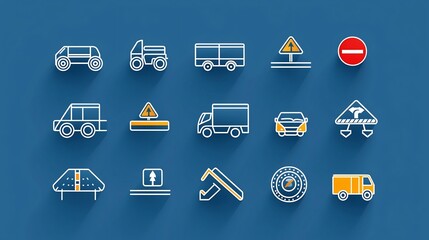 Poster - Comprehensive set of transportation sector icons featuring vehicles roads traffic signals and other infrastructure elements in a clean