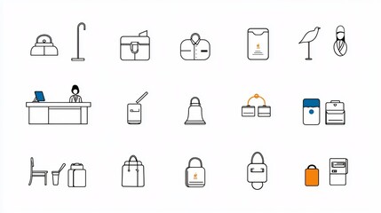 Aufkleber - Set of Minimalist Line Icons Representing Hotel Reception Desk Receptionist and Hotel Services like Bell Check in Counter and Other Hospitality Elements in a Simple Flat Design
