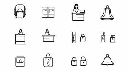 Aufkleber - Minimalist featuring a collection of line icons and design elements for a hotel reception area including a reservation counter receptionist hotel bell and other related hotel hospitality symbols
