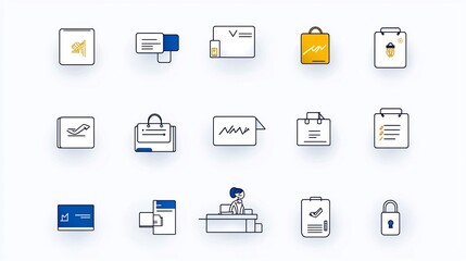 Aufkleber - Set of line style editable stroke icons representing guest check in receptionist and reservation desk for hotel motel or resort hospitality services and customer experience
