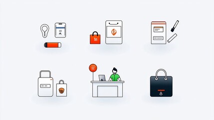 Aufkleber - Set of icons depicting hotel guest check in receptionist desk and reservation services presented in a modern minimalist line art style with editable stroke