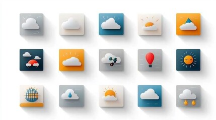 Aufkleber - Colorful icons representing cloudy weather conditions featuring layered clouds soft gray shades and partly cloudy variations