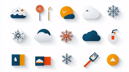 Poster - Comprehensive icon set depicting various elements of snowy weather including snowflakes snow covered clouds and a cool color palette all rendered in a modern style