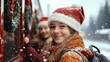 © Boontharika - Smiling girl in a Santa hat enjoys a snowy day outside, surrounded by festive decorations and winter scenery.