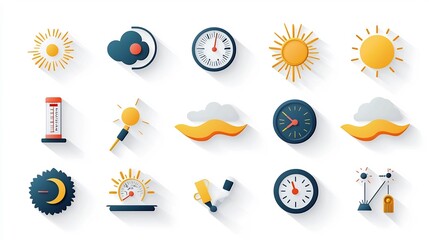 Fototapete - A collection of weather themed icons featuring thermometers bright sun rays and heat waves in warm vibrant colors  for weather climate and temperature related design elements