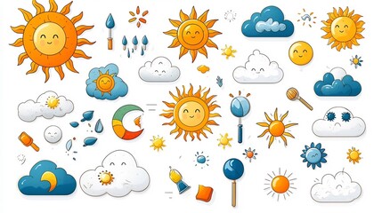Aufkleber - Colorful and modern icon set depicting a partly sunny weather forecast featuring a combination of sun and cloud icons with vibrant color shades and gradients