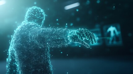 Poster - A futuristic, digital figure made of luminous particles reaches outward in a high-tech environment, suggesting themes of technology and virtual reality.