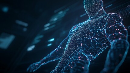 Aufkleber - A digital representation of a human-like figure composed of glowing particles, emphasizing technology and innovation in a futuristic setting.