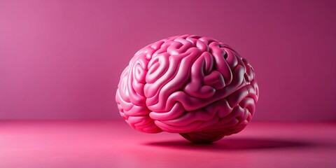 Poster - 3D Render of a Pink Brain on a Minimal Pink Background with Copy Space for Creative and Educational Use, Ideal for Abstract, Neuroscience, and Artistic Themes