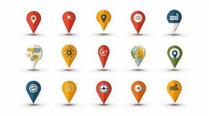 Poster - Vibrant and colorful icons featuring a variety of location markers GPS symbols and navigation maps for easy wayfinding and travel planning  These icons can be used in digital applications