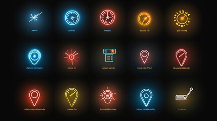 Poster - Vibrant set of icons depicting destination points with time related symbols like pins clocks and check in markers designed in a modern minimalist style for travel navigation and planning applications