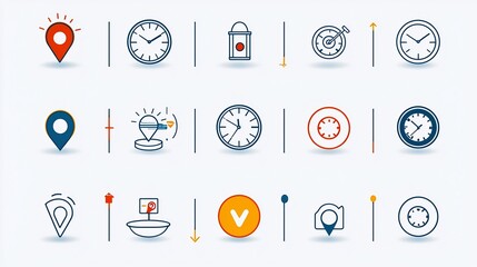 Poster - Vibrant of Destination Pins with Clock and Check in Symbols Representing Travel Planning Navigation and Location Tracking