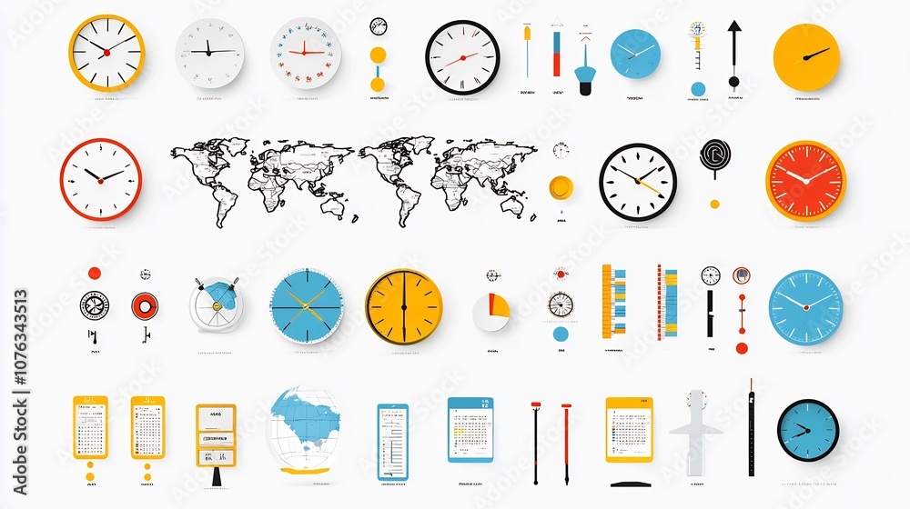 Collection of Global Time Zone and World Location Icons Featuring ...
