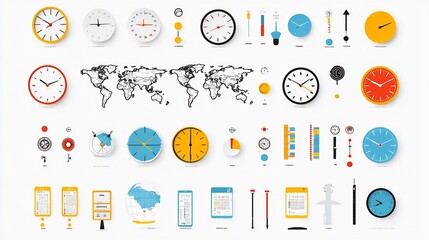 Poster - Collection of Global Time Zone and World Location Icons Featuring Colorful Maps Clocks and Location Indicators in Graphic Format Suitable for Infographics Data Visualization and Business Applications