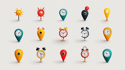 Poster - Vibrant depicting an icon set of various symbols and visual cues for reminders time management and location tracking  Includes alert icons clock pins schedule symbols