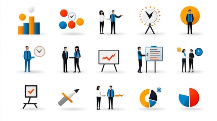 Poster - Vibrant icons showcasing various business related concepts such as professional presentations effective teamwork and symbols of leadership and management