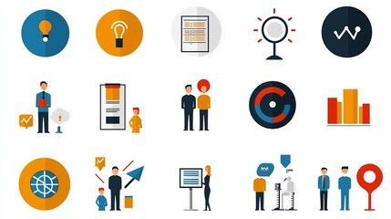 Poster - Vibrant vector style icons symbolizing key elements of business success such as teamwork presentations leadership and organizational management