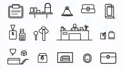 Aufkleber - Comprehensive Collection of Stylized Line Icons Representing Various Reception Services Including Cashier Desk Hotel Bell and Information Counter in a with a Clean and Modern Design