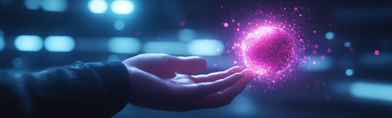 Aufkleber - A glowing pink sphere hovers above an outstretched hand against a blurred, futuristic background, evoking a sense of magic and technology.