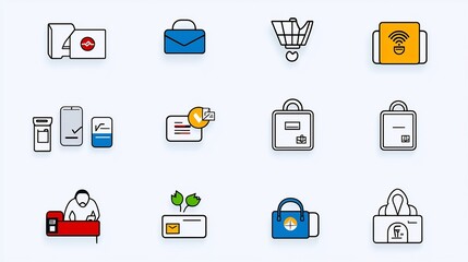 Fototapete - Comprehensive icon set illustrating the essential elements of a reception desk including customer service guest check in and cashier in a minimal line style for a clean and modern aesthetic
