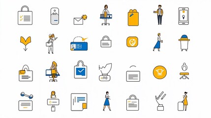 Aufkleber - Set of simple line icons illustrating various tasks and digital identity verification processes in a modern minimalist design  Symbols include receptionist sign up
