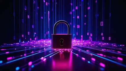 A glowing padlock surrounded by vibrant digital data streams, symbolizing cybersecurity and data protection in a modern, high-tech environment