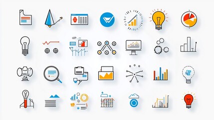 Aufkleber - Minimal style outline icon set depicting various modern business concepts such as digital marketing investment growth and organizational symbols