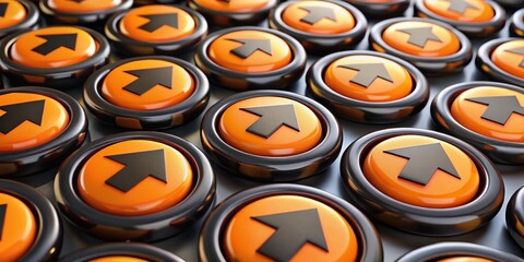 Poster - A Grid of Upward-Pointing Arrows on Circular Buttons in Orange and Black, Perfect for Illustrating Growth, Direction, and Progress in Modern Design Concepts