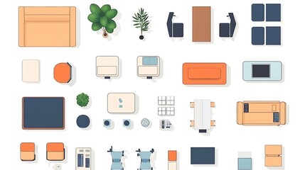 kit for a workspace apartment house or office plan. interior icon collection. plant table chair and 