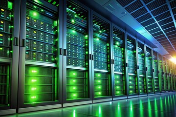 Poster - A High-Tech Data Center with Rows of Computer Servers Glowing Green, Showcasing Modern Technology and Digital Infrastructure in a Sleek and Professional Environment