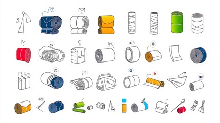 Poster - A set of 30 fabric feature icons designed in a minimalist outline style depicting symbols for key attributes like elasticity lightweight and comfort  These graphics can be used in fashion textile