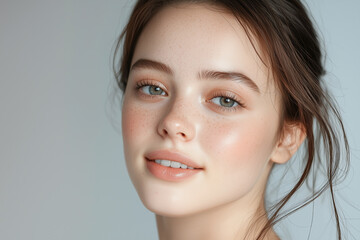 Poster - close up portrait of young woman with soft lighting, showcasing her natural beauty and serene expression. Her skin appears smooth and radiant, with subtle freckles enhancing her features