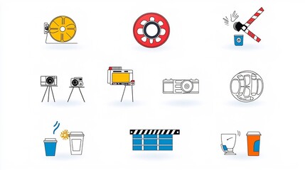 Poster - Elegant video player icon set featuring a collection of cinema themed elements like film reel clapperboard and live streaming symbols in a minimalist thin line style  Suitable for user interface web
