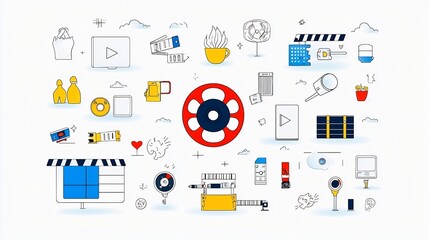 Poster - Comprehensive video player icon set featuring essential cinema elements such as film reel clapperboard and live streaming presented in a minimalist thin line style