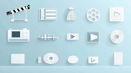 Fototapete - Elegant Collection of Minimalist Video Player Interface Icons Featuring Film Reel Clapperboard Play and Stop Buttons in Thin Line Style