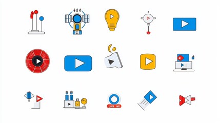 Poster - Comprehensive icon set designed for online video streaming platforms featuring iconic elements such as movie reel live symbol and play button in a clean modern and minimalist style