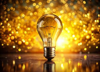 Poster - A Radiant Light Bulb with a Golden Base on a Bright Yellow Background Enhanced by Bokeh Effects for Creative Illumination and Vibrant Atmosphere Stock Photography