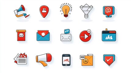 Poster - Minimalist icons symbolizing advertising communication and mobile marketing concepts  These graphic design elements convey ideas of campaign influence branding and digital media strategy