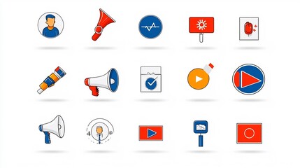 Poster - Comprehensive set of digital campaign tool icons including megaphone influence and media icons showcased in a simple clean style for business marketing and branding purposes