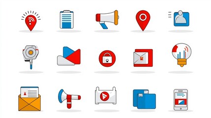Poster - Minimalistic style icons symbolizing the key elements of advertising influence and digital marketing campaigns such as communication mobile platforms and brand strategy