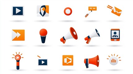 Poster - Sleek and Modern Digital Campaign Tools Focused Icon Set Featuring Megaphone Influence and Media Symbols Depicted in a Simple Minimalist Style  Suitable for Branding Marketing Advertising