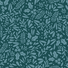 Poster - Christmas foliage vector pattern, seamless repeating holly ilex berry print, festive winter holiday wallpaper or wrapping design, duotone tile