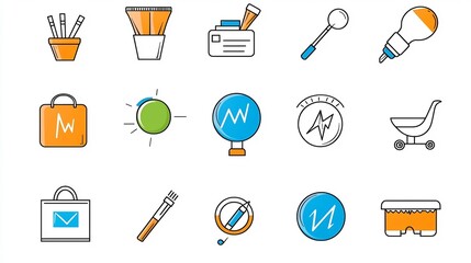 Poster - Collection of simple line icons designed to represent various marketing goals and strategies such as target campaign and public outreach symbols  These icons can be used for visualizing data planning