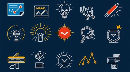 Aufkleber - Collection of icons for marketing goals and strategies including target campaign and public outreach symbols presented in a simple line design format  Ideal for business planning advertising branding