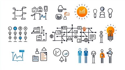 Fototapete - Streamlined Organizational Structure A clean featuring a minimalist line icon set depicting the hierarchical collaborative and leadership elements of an efficient business or corporate structure