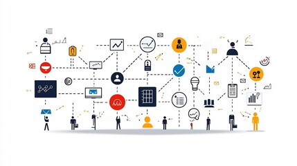 Poster - Thin line icons illustrating the concepts of business hierarchy structure and team connections  Includes symbols for leadership management organization workflow and corporate