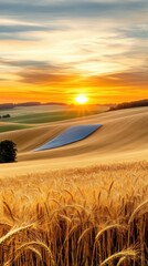 Poster - Golden wheat fields bask in the glow of a vibrant sunset, with solar panels in the distance, AI