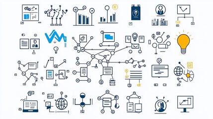 Aufkleber - Collection of abstract icons representing various aspects of business connections such as structure hierarchy and teamwork presented in a style with simple lines and shapes